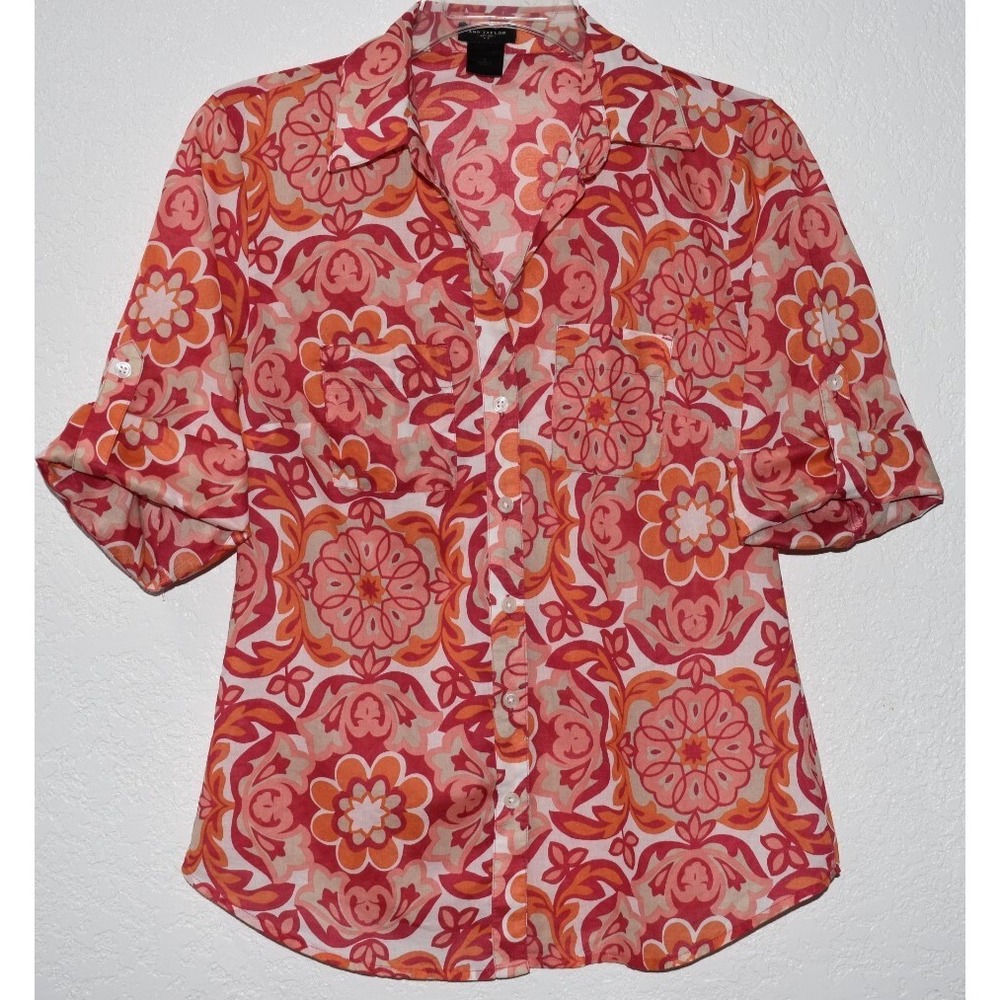 Ann Taylor Floral Top sz 0 Button Shirt Roll Tab Half Slv Red/Orange Lightweight